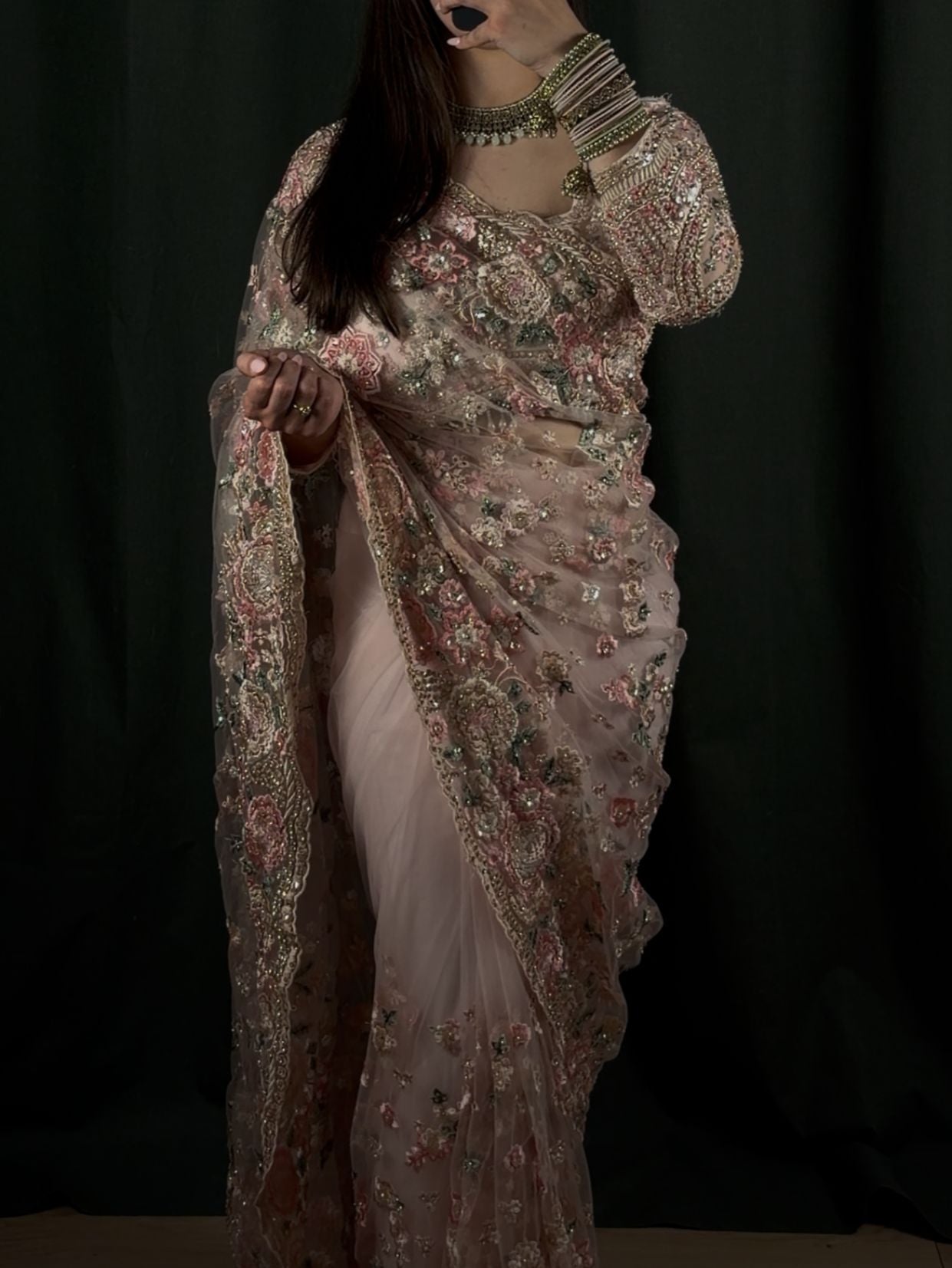 Floral Embroidered Net Saree- Vanavil
